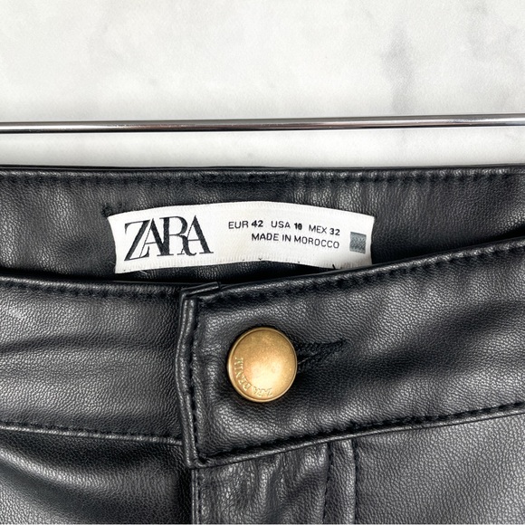 Zara Slim Flare Faux Leather Split Hem Trouser Pants Straight Leg Vegan Black 10 - Picture 4 of 6